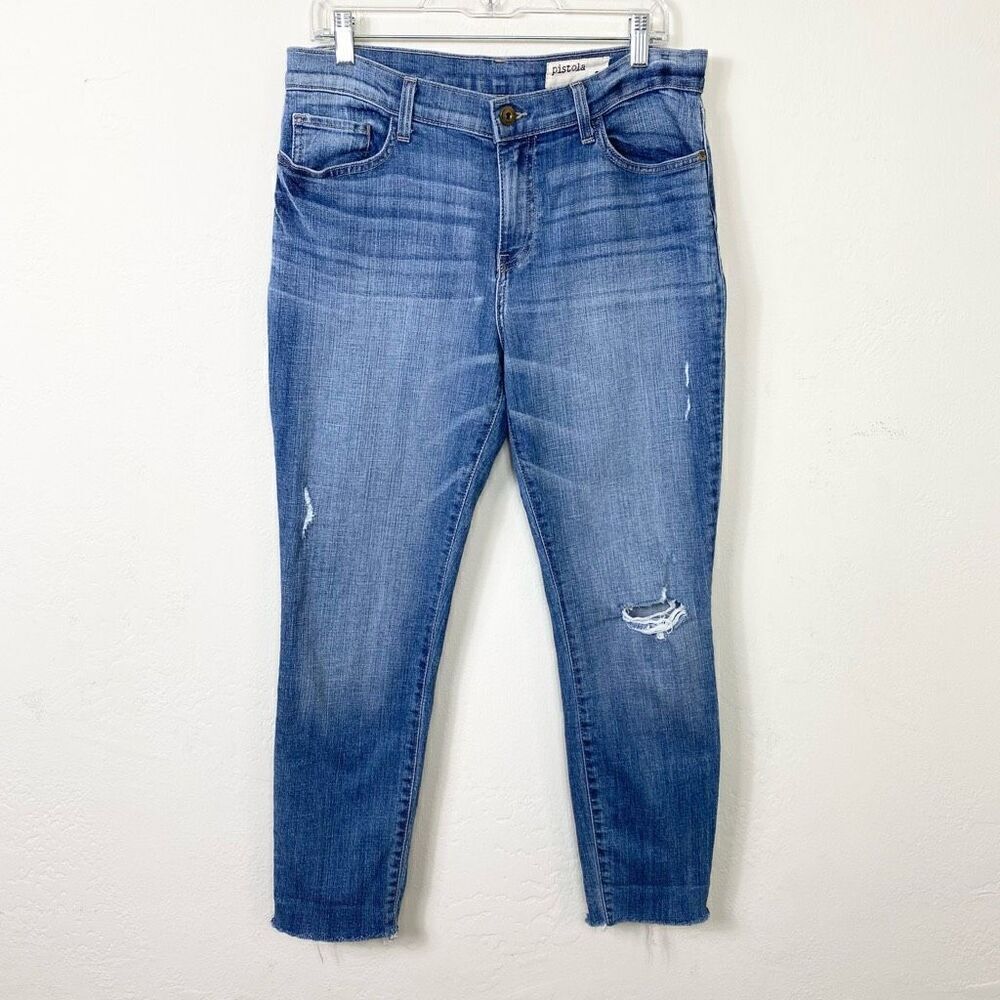 Pistola Medium Wash Distressed Denim Raw Hem High Rise Skinny Jeans Size 31